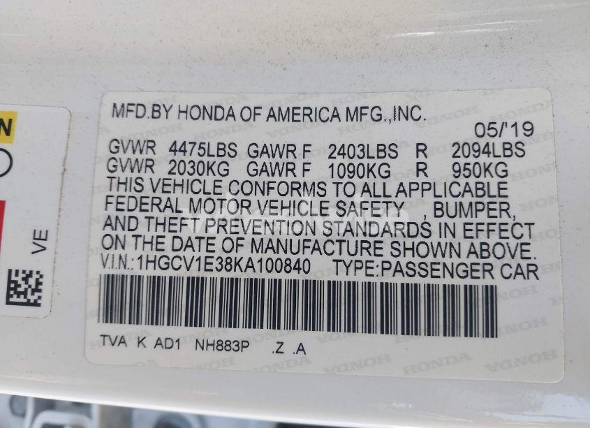 Photo 9 of 2019 Honda Accord SPORT (VIN 1HGCV1E38KA100840)