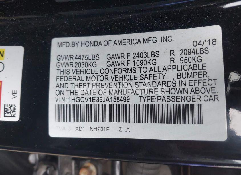 Photo 9 of 2018 Honda Accord SPORT 1.5T (VIN 1HGCV1E39JA158499)
