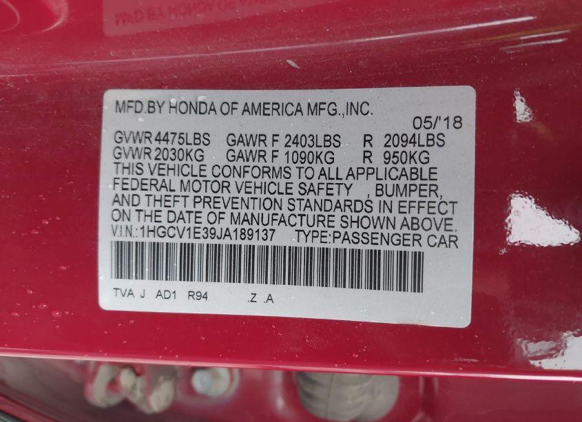 Photo 9 of 2018 Honda Accord SPORT (VIN 1HGCV1E39JA189137)