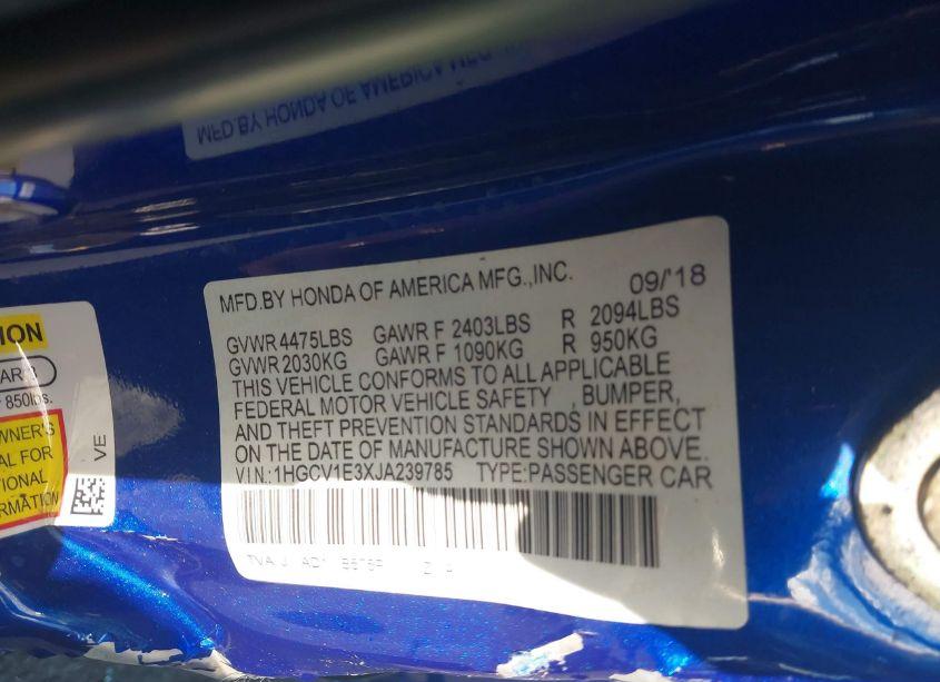 Photo 9 of 2018 Honda Accord SPORT 1.5T (VIN 1HGCV1E3XJA239785)