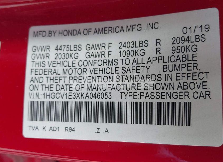 Photo 9 of 2019 Honda Accord SPORT (VIN 1HGCV1E3XKA046053)