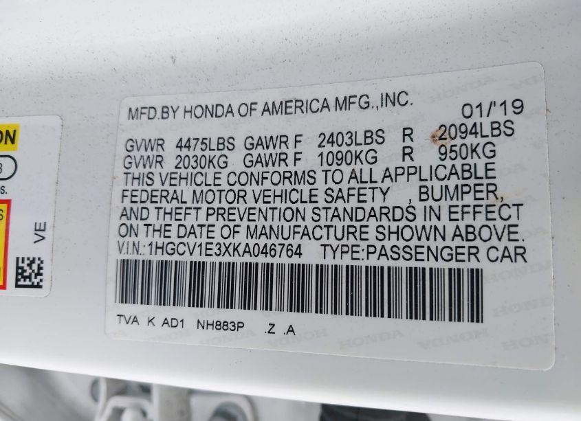 Photo 9 of 2019 Honda Accord SPORT (VIN 1HGCV1E3XKA046764)