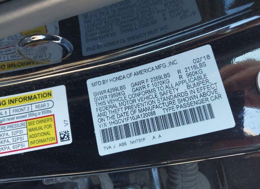 Photo 9 of 2018 Honda Accord LX (VIN 1HGCV1F10JA120088)