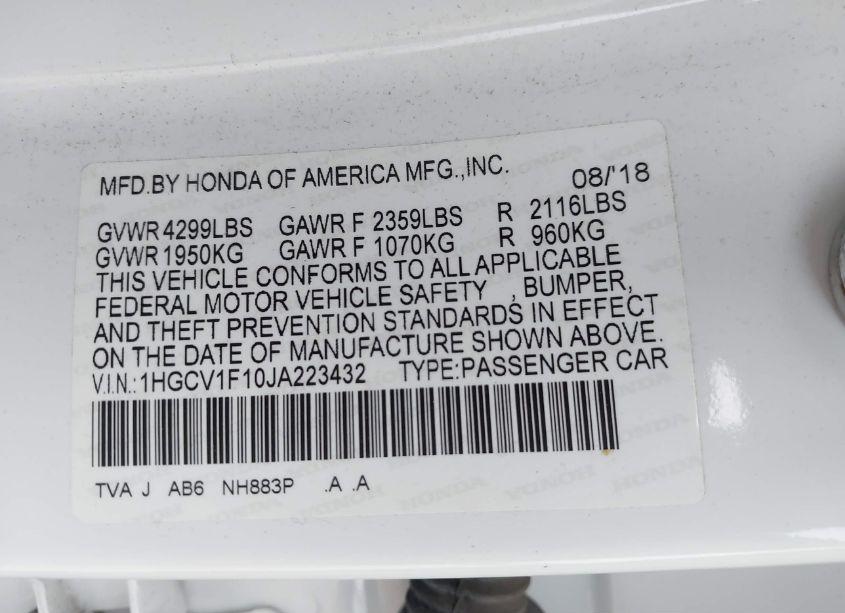 Photo 9 of 2018 Honda Accord LX (VIN 1HGCV1F10JA223432)