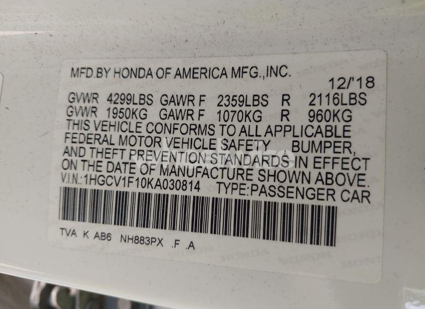 Photo 9 of 2019 Honda Accord LX (VIN 1HGCV1F10KA030814)