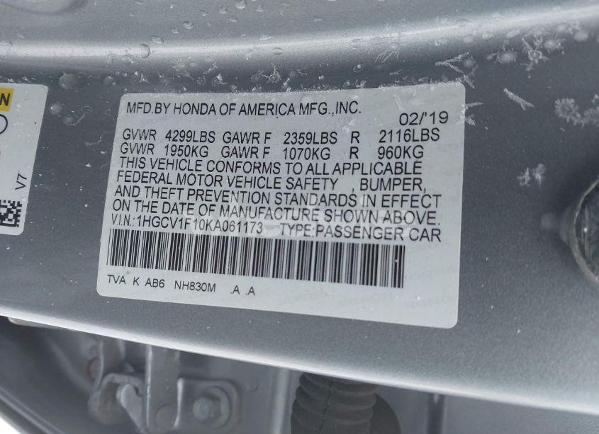 Photo 9 of 2019 Honda Accord LX (VIN 1HGCV1F10KA061173)