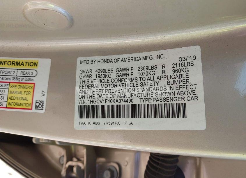 Photo 9 of 2019 Honda Accord LX (VIN 1HGCV1F10KA074490)