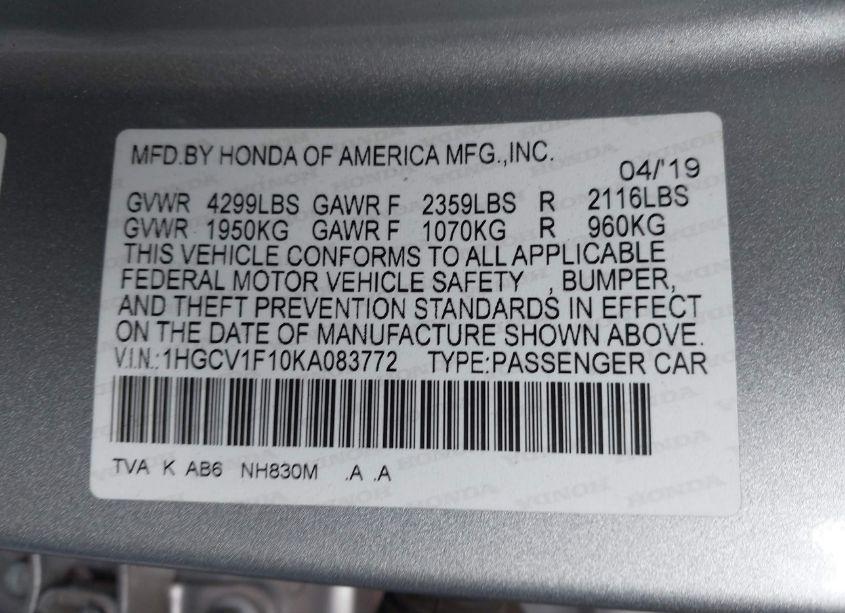 Photo 9 of 2019 Honda Accord LX (VIN 1HGCV1F10KA083772)