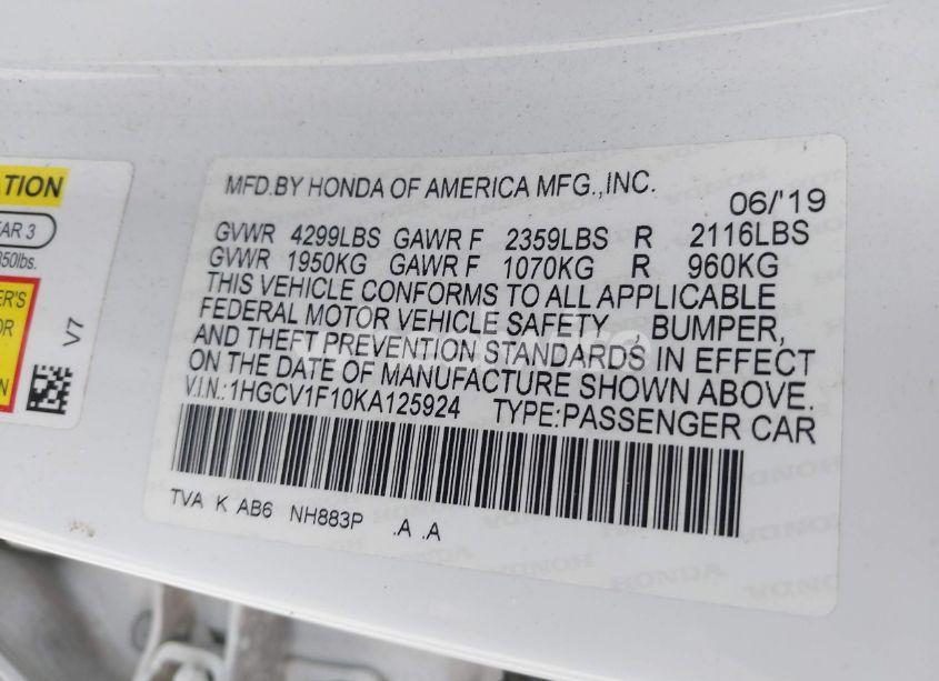 Photo 9 of 2019 Honda Accord LX (VIN 1HGCV1F10KA125924)