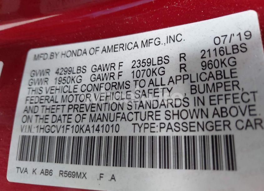 Photo 9 of 2019 Honda Accord LX (VIN 1HGCV1F10KA141010)