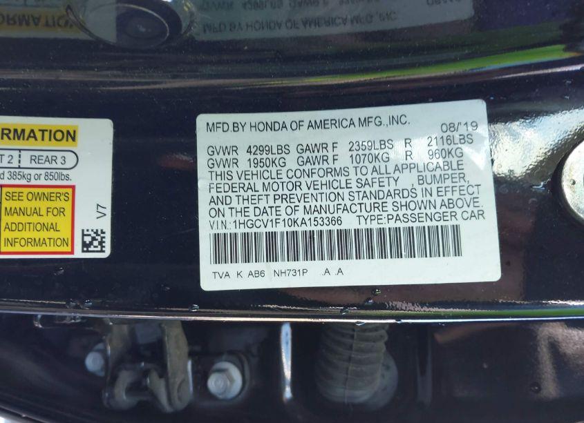 Photo 9 of 2019 Honda Accord LX (VIN 1HGCV1F10KA153366)