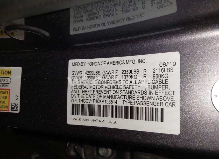 Photo 9 of 2019 Honda Accord LX (VIN 1HGCV1F10KA153514)