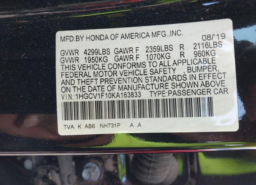 Photo 9 of 2019 Honda Accord LX (VIN 1HGCV1F10KA163833)