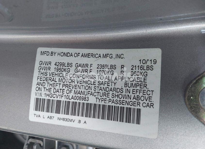 Photo 9 of 2020 Honda Accord LX (VIN 1HGCV1F10LA006983)