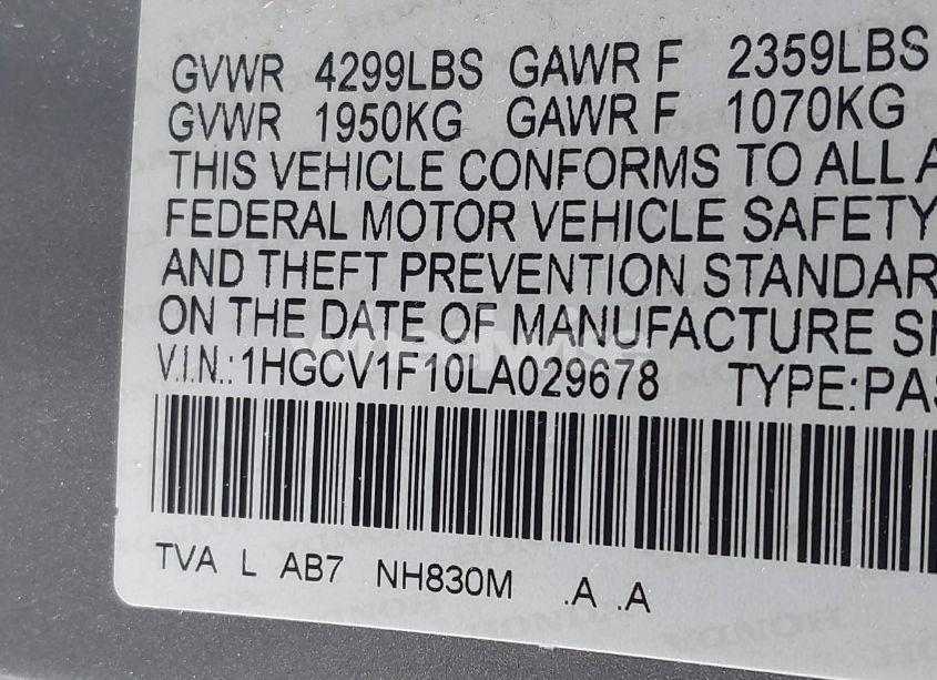 Photo 9 of 2020 Honda Accord LX (VIN 1HGCV1F10LA029678)