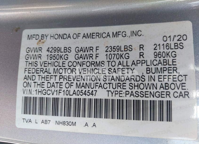 Photo 9 of 2020 Honda Accord LX (VIN 1HGCV1F10LA054547)