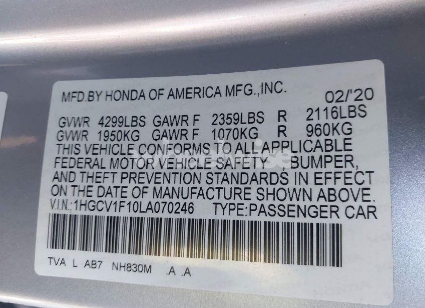 Photo 9 of 2020 Honda Accord LX (VIN 1HGCV1F10LA070246)