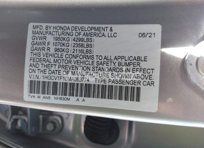 Photo 9 of 2021 Honda Accord LX (VIN 1HGCV1F10MA083774)