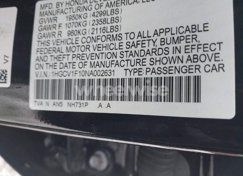 Photo 9 of 2022 Honda Accord LX (VIN 1HGCV1F10NA002631)