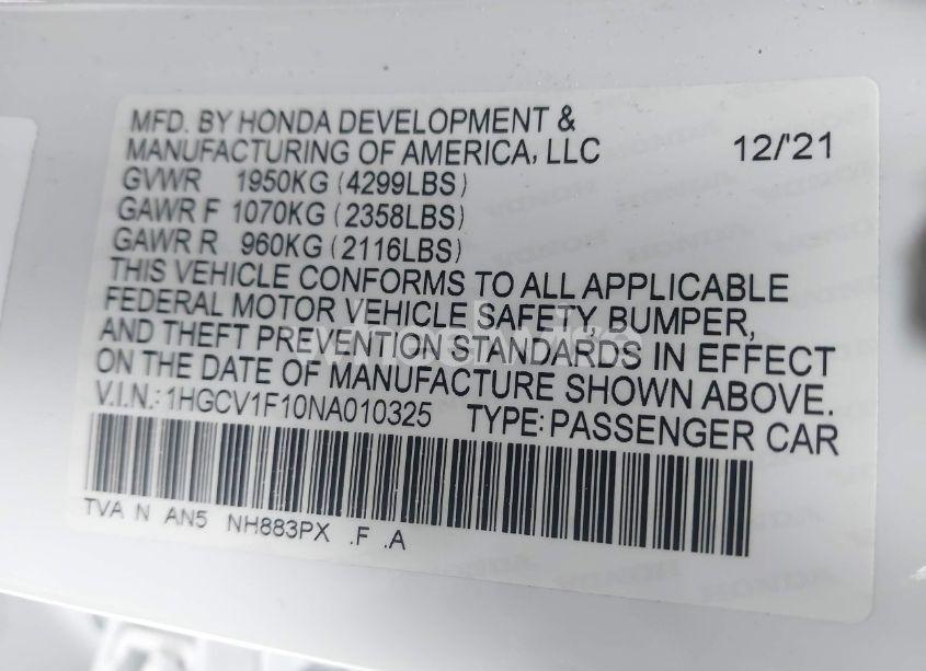Photo 9 of 2022 Honda Accord LX (VIN 1HGCV1F10NA010325)