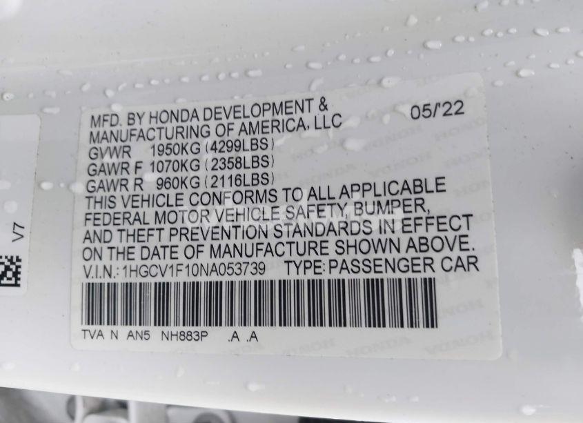 Photo 9 of 2022 Honda Accord LX (VIN 1HGCV1F10NA053739)