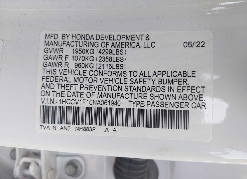 Photo 9 of 2022 Honda Accord LX (VIN 1HGCV1F10NA061940)