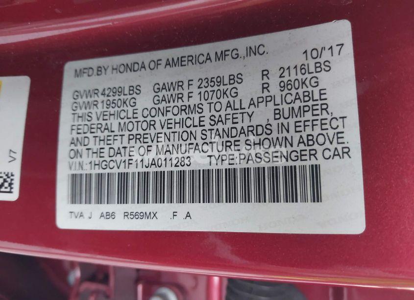 Photo 9 of 2018 Honda Accord LX (VIN 1HGCV1F11JA011283)