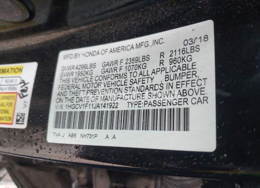 Photo 9 of 2018 Honda Accord LX (VIN 1HGCV1F11JA141922)