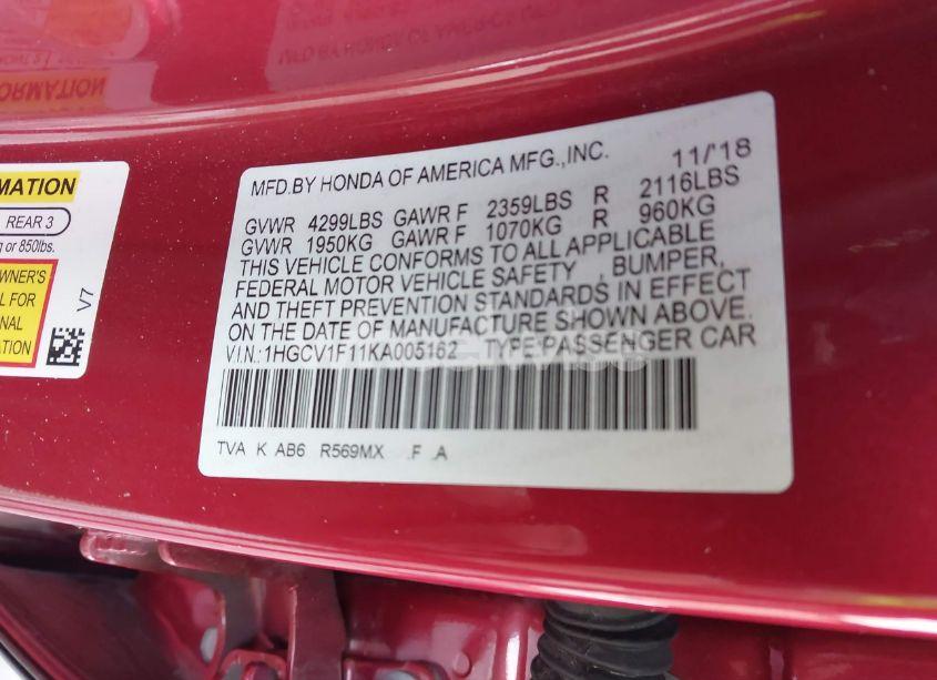 Photo 9 of 2019 Honda Accord LX (VIN 1HGCV1F11KA005162)