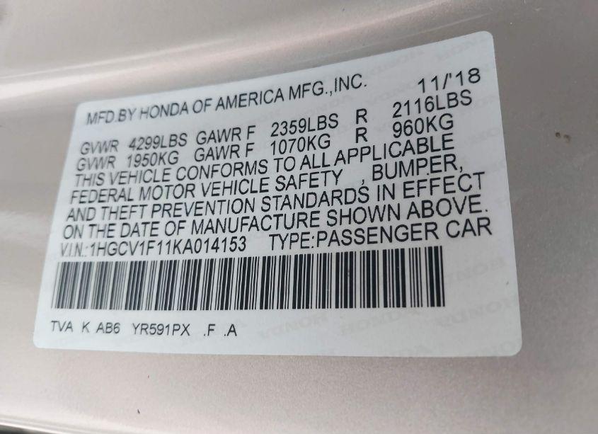 Photo 9 of 2019 Honda Accord LX (VIN 1HGCV1F11KA014153)