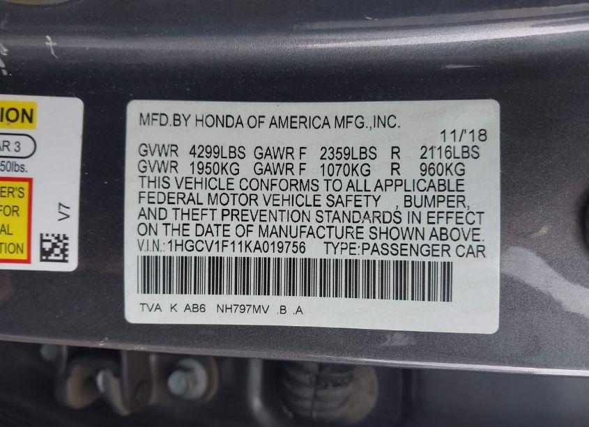 Photo 9 of 2019 Honda Accord LX (VIN 1HGCV1F11KA019756)