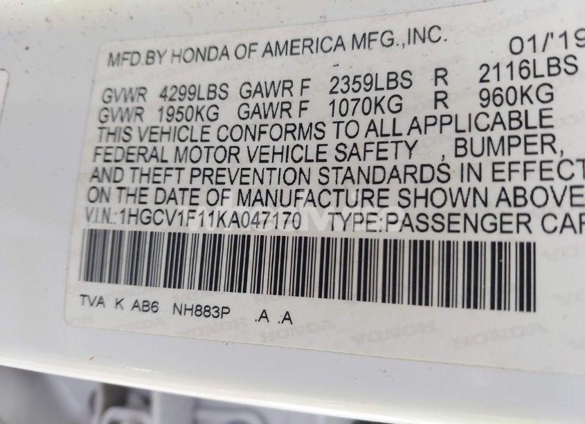 Photo 9 of 2019 Honda Accord LX (VIN 1HGCV1F11KA047170)