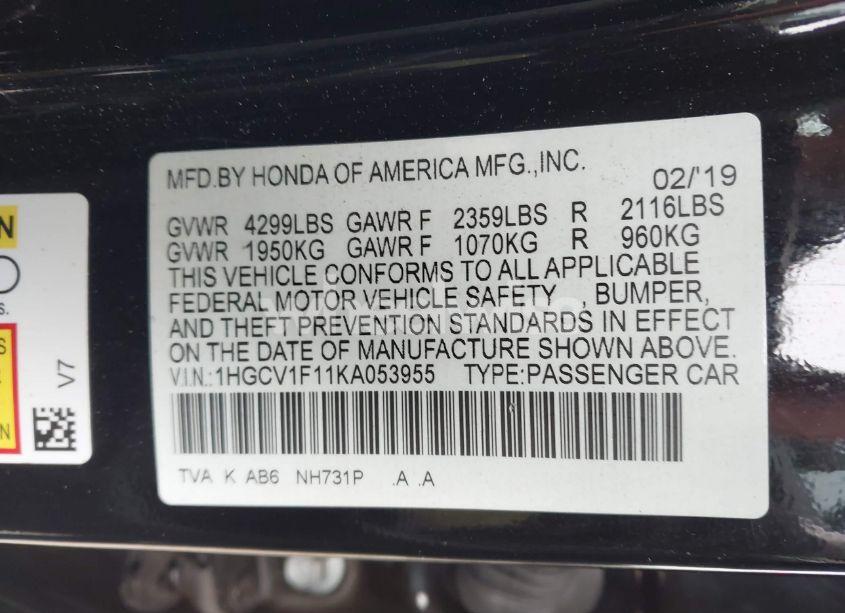 Photo 9 of 2019 Honda Accord LX (VIN 1HGCV1F11KA053955)