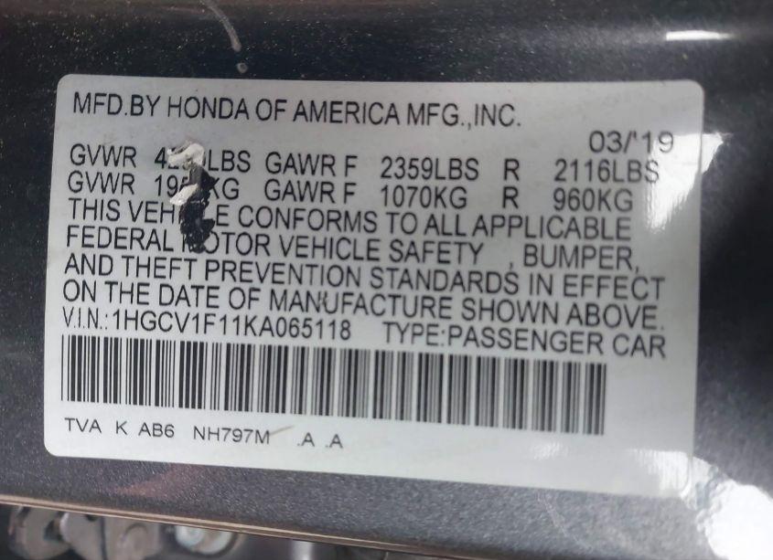 Photo 9 of 2019 Honda Accord LX (VIN 1HGCV1F11KA065118)