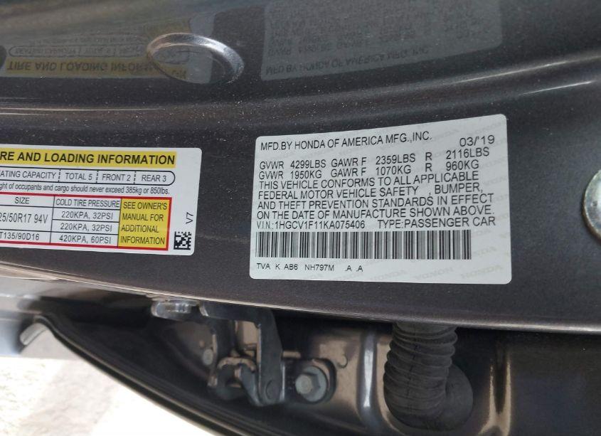 Photo 9 of 2019 Honda Accord LX (VIN 1HGCV1F11KA075406)