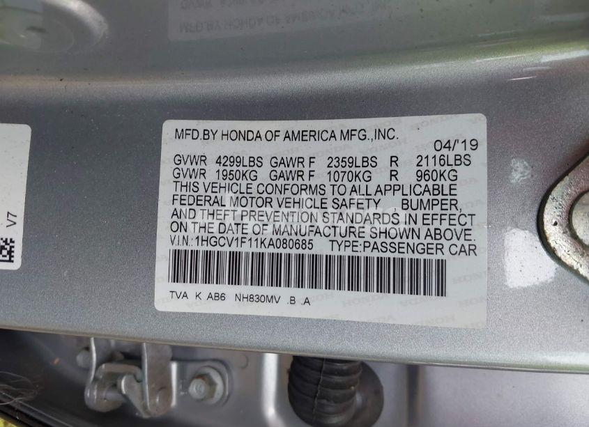 Photo 9 of 2019 Honda Accord LX (VIN 1HGCV1F11KA080685)
