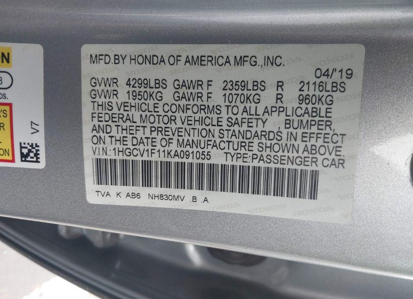 Photo 9 of 2019 Honda Accord LX (VIN 1HGCV1F11KA091055)