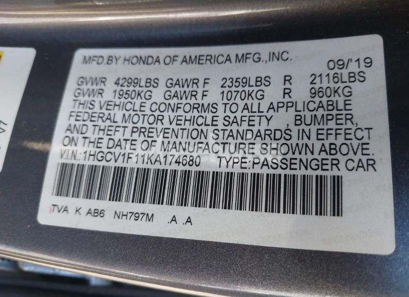 Photo 9 of 2019 Honda Accord LX (VIN 1HGCV1F11KA174680)