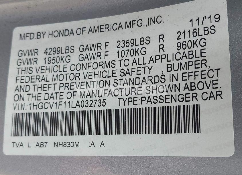 Photo 9 of 2020 Honda Accord LX (VIN 1HGCV1F11LA032735)