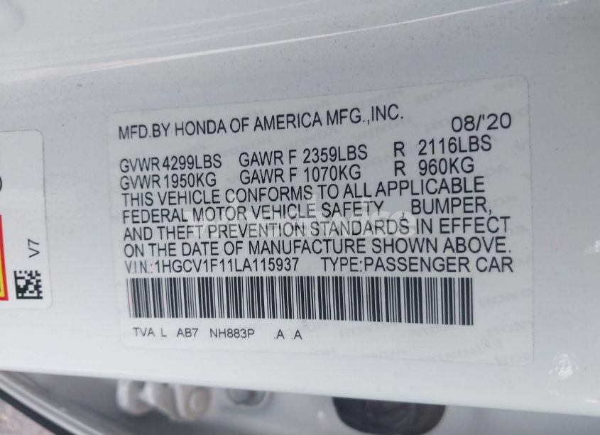 Photo 9 of 2020 Honda Accord LX (VIN 1HGCV1F11LA115937)
