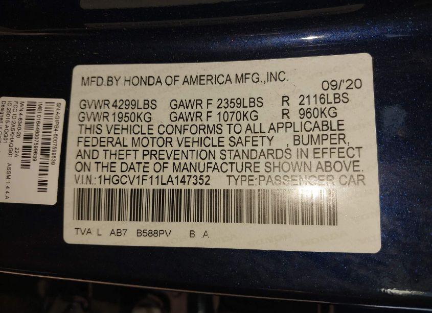 Photo 9 of 2020 Honda Accord LX (VIN 1HGCV1F11LA147352)