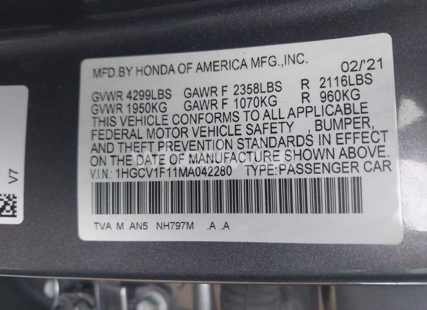 Photo 9 of 2021 Honda Accord LX (VIN 1HGCV1F11MA042280)
