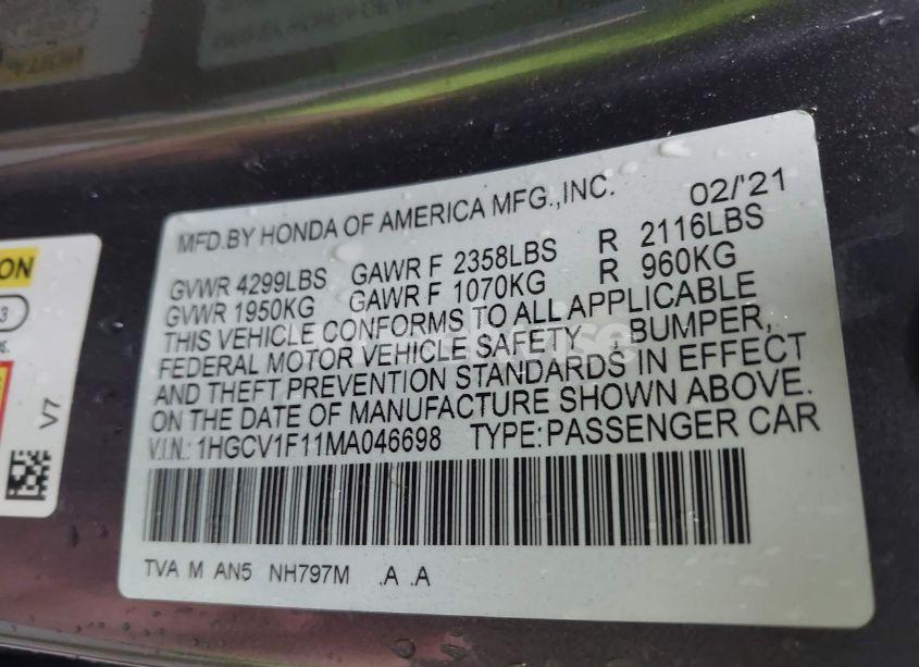 Photo 9 of 2021 Honda Accord LX (VIN 1HGCV1F11MA046698)