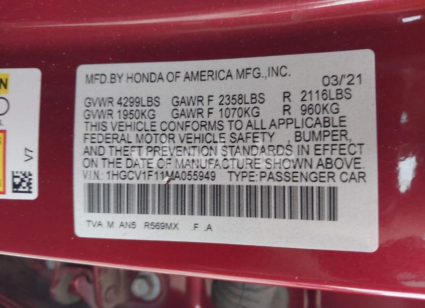 Photo 9 of 2021 Honda Accord LX (VIN 1HGCV1F11MA055949)