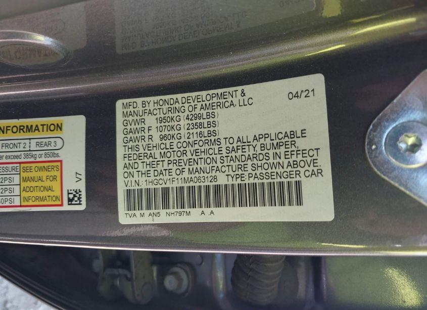 Photo 9 of 2021 Honda Accord LX (VIN 1HGCV1F11MA063128)
