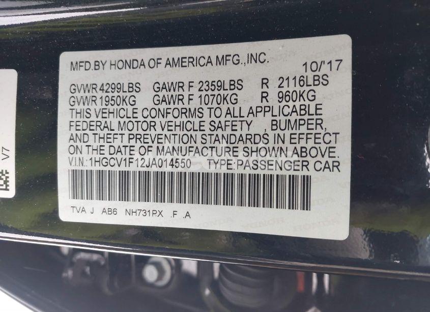 Photo 9 of 2018 Honda Accord LX (VIN 1HGCV1F12JA014550)