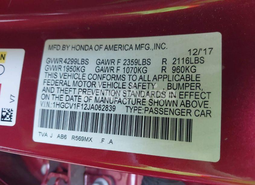 Photo 9 of 2018 Honda Accord LX (VIN 1HGCV1F12JA062839)