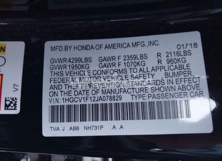 Photo 9 of 2018 Honda Accord LX (VIN 1HGCV1F12JA078829)