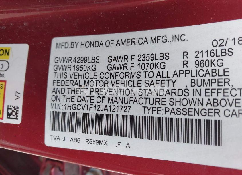 Photo 9 of 2018 Honda Accord LX (VIN 1HGCV1F12JA121727)