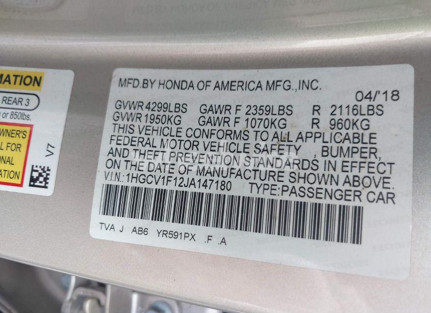 Photo 9 of 2018 Honda Accord LX (VIN 1HGCV1F12JA147180)